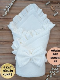 Resim Beyaz 4 Kat Müslin Bebek Battaniyesi Doğal Organik Uyku Kundağı Hastane Çıkışı Yenidoğan Mevsimlik Beyaz 
