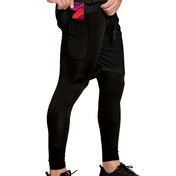 Resim OEBLD Erkek 2'si 1 Arada Egzersiz Şortu Cep ile, Fitness için Şortlu Aktif Yüksek Esneklikli Sıkıştırma Pantolonları 