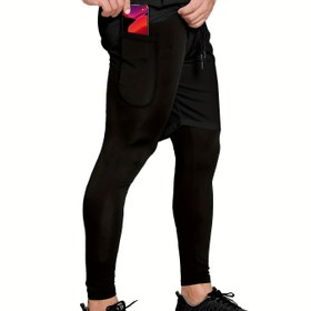 Resim OEBLD Erkek 2'si 1 Arada Egzersiz Şortu Cep ile, Fitness için Şortlu Aktif Yüksek Esneklikli Sıkıştırma Pantolonları 