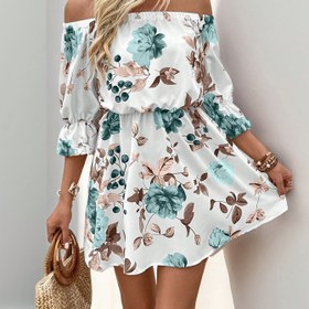 Resim Kadınların üç çeyrek kollu, bahar/yaz moda, çiçek desenli, hafif kumaş, rahat elbise|Çiçek desenli elbise|Offshoulder Üst 