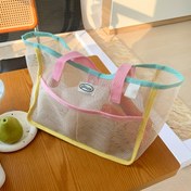 Resim Cepli Büyük Kapasiteli Çizgili File Plaj Çantası - Seyahat, Yüzme ve Banyo İçin Dayanıklı Polyester Tote, Elde Yıkama, Pembe & Sarı Çizgiler, Her Yaş için Geniş Tasarım, Plaj Aksesuarları 