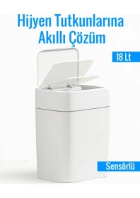 Resim Sensörlü Çöp Kovası 18 Litre Kızılötesi Sensörlü Otomatik Kapak Sessiz & Antibakteriyel Beyaz 