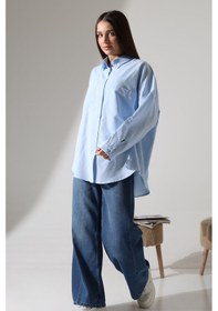 Resim Yeni Sezon Poplin Kumaş Çift Cepli Oversize Pamuklu Kadın Tunik Gömlek Mavi 