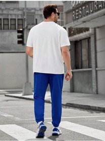 Resim Brooklyn T-shirt Eşofman Altı Jogger - Beyaz T-shirt Sax Mavi Eşofman Takımı Oversize Bisiklet Yaka Beyaz Sax Mavi 