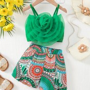Resim Kızlar İçin Yazlık Yeni Yeşil Nakışlı 3D Çiçekli Camisole + Bohem Tarzı Pantolon Takımı, Açık Hava İçin Mükemmel 