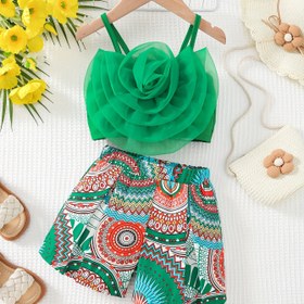 Resim Kızlar İçin Yazlık Yeni Yeşil Nakışlı 3D Çiçekli Camisole + Bohem Tarzı Pantolon Takımı, Açık Hava İçin Mükemmel 