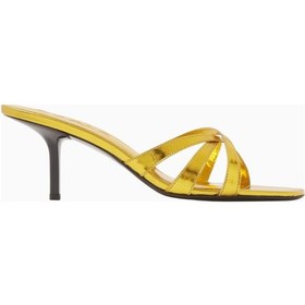 Resim By Far Julie 65 Altın Metalik Deri Mules, Çapraz Bantlı Ve 65mm Ince Topuk Terlik Gold 