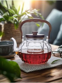 Resim Qerhome Borosilikat Cam Çizgili Akasya Saplı Cam Demlik 1000 Ml 401378 Şeffaf 