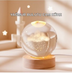 Resim 3d Yağmur Bulutu Desenli Kristal Top Usb Gece Lambası Ahşap Tabanlı Dekoratif Lamba 