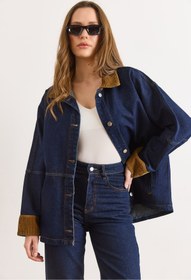 Resim Olalook Kadın Lacivert Yaka Manşet Kadife Detaylı Oversize Denim Ceket CKT-19000502 