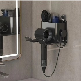Resim Meridiangoods Siyah Duvar Tipi Saç Kurutma Makinesi Askısı Delme İşlemi Gerektirmez Serbest Eller 3 Renk Banyo Organizer Siyah 