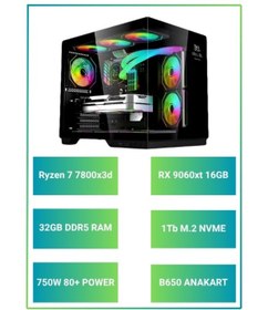Resim RAMTECH BİLGİSAYAR REBIRTH Ryzen 7 7800x3d Rx 9060xt 16GB | 32GB DDR5 Ram 1TB M.2 Nvme SSD Sıvı Sğt OYUNCU HAZIR SİSTEM 