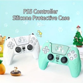Resim Techbloom Ps5 Kedi Kulaklı Anti Kaydırmaz Silik Kılıf Beyaz Ter Ve Toz Geçirmez Yumuşak Bej Sticker Joystick Kapakları 
