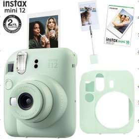 Resim Fujifilm Instax mini 12 Yeşil Fotoğraf Makinesi-10'lu Film-Kıskaçlı Resim Standı ve Silikon Kılıf Seti 