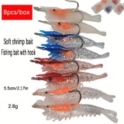 Resim 8 adet/kutu seti Luya saç tokası ile gerçekçi küçük karides sahte yem dört renkli karışık uçan balık. 6cm/2.8g şekil yumuşak vücut kurşun karides yem. Mikro küçük balık simülasyonu sahte karides solucan yem. Taze su ve deniz balıkçılığı evrensel çekici 