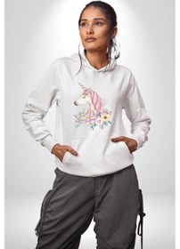 Resim Unicorn Çiçek Kadın Erkek Beyaz Kapüşonlu Sweatshirt Hoodie Beyaz 