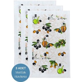 Resim 3lü Paket Baskılı Beyaz Mutfak Havlusu Modeli Zeytin 