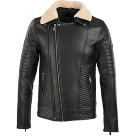 Resim Oliggopol Erkek Siyah Kuzey Yaka Kürklü Slim Fit Deri Ceket Mont Siyah 