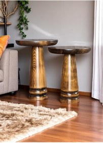 Resim ASELYA HOME Doğal Ahşap 2’li Set Mantar Yan Sehpa Modern Fiskos Zigon Çiçeklik 