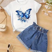 Resim [Rahat Konfor] Gençler için Moda Mavi Kelebek & Çiçek Baskılı Kısa Kollu T-Shirt, Bahar ve Yaz Açık Hava Aktiviteleri ve Günlük Giyim için Uygun, Makinede Yıkanabilir 