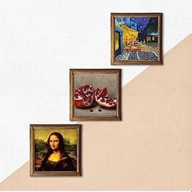 Resim Pinecone Van Gogh Kafe Terasta Gece, Da Vinci Mona Lisa, Nar Taş Duvar Tablosu - Ahşap Çerçeveli Taş Tablo - 25x25 cm - 3 Parça Set - Dekoratif Duvar Sanatı - Modern Ev ve Ofis Duvar Dekoru W3-1450 
