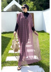 Resim Remsa Tesettür Mayo Üzerine Desenli Tek Kaftan Pareo 430-306 Fuşya Fuşya 