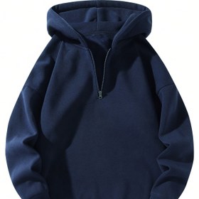 Resim 1 Adet Unisex Yarım Fermuarlı Kapüşonlu Sweatshirt - Lacivert Atletik Kazak, Yarı Fermuarlı, Yumuşak Örgü Dokulu - Erkek ve Kadınlar için Makinede Yıkanabilir Spor Kıyafeti - Günlük Kullanım ve Antrenman İçin Rahat Kesim Hoodie, Şık Sportif Tasarım 