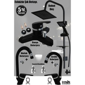 Resim Tesitay Irmak Lavabo Banyo Mutfak Bataryası ve Rainy Robot Duş Siyah Banyo Seti Armatür Musluk Batarya Duş 