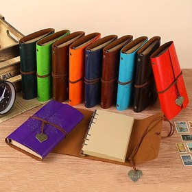 Resim Deri kaplı eski tarz kalp kolye defter - Taşınabilir seyahat günlüğü, bağcıklı iş planlayıcı, yeniden doldurulabilir yapraklı kişisel organizatör 