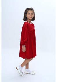 Resim Toontoy Kids Toontoy Kız Çocuk Yaka Düğmeli Fırfırlı Elbise Kırmızı 