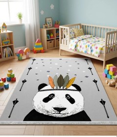 Resim Sevimli Panda Çocuk Odası Halısı Gri 