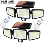 Resim Bahçeler için bir paketlik kablosuz güneş enerjili dış duvar lambaları, geniş açılı bir sel lambası ile birlikte geniş açılı bir lamba, 210 ultra-bright LED boncuk, üç ışık modu seçeneği ve elektronik bir uzaktan kumanda ile güvenlik lambası. Üç lamba başı 270° dönebilir. Gündüz şarj edilir ve gece aydınlanır, bahçe duvarları, garaj tavanları, depo kapıları ve diğer aydınlatma ihtiyaçları için uygun olur. 