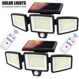 Resim Bahçeler için bir paketlik kablosuz güneş enerjili dış duvar lambaları, geniş açılı bir sel lambası ile birlikte geniş açılı bir lamba, 210 ultra-bright LED boncuk, üç ışık modu seçeneği ve elektronik bir uzaktan kumanda ile güvenlik lambası. Üç lamba başı 270° dönebilir. Gündüz şarj edilir ve gece aydınlanır, bahçe duvarları, garaj tavanları, depo kapıları ve diğer aydınlatma ihtiyaçları için uygun olur. 