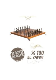 Resim Mc97 - Çin Antik Figürlü Metal Taşlar 30x30cm Gerçek Kayın Tahtası - Hediyelik Satranç Takımı 