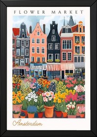 Resim Amsterdam Flower Market Print - Canal Houses Tulip Cityscape Art - Wooden Frame - Natural / 16 x 20" (40x50 cm) 
