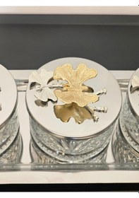 Resim Atabey Home Collection 3'lü Kelebekli Gümüş Tepsili Kase Seti & Şekerlik & Sunumluk & Çerezlik 