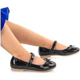 Resim Kiko Kids Fiyonklu Cırtlı Kız Çocuk Babet Ayakkabı 201 Rugan Siyah 001 