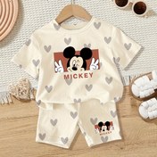 Resim Orijinal Disney Mickey Mouse 2 Parça Yazlık Kız Çocuk Şort Takımı, Bebekler İçin Basit "Mickey" Baskılı Tişört + Elastik Bel Eşleşen Baskılı Şort, Çocuklar İçin Günlük Kullanıma Uygun Yumuşak Açık Bej Renkli Nefes Alabilen Spor Kıyafeti, Dış Mekan Aktifliklerde Mükemmel 