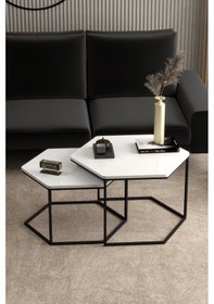 Resim Orta Sehpa Altıgen İkili Lüx Beyaz Çok Renkli 