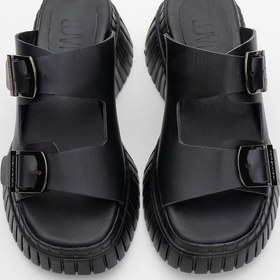 Resim Luvishoes Joanes Siyah Cilt Hakiki Deri Çift Bantlı Kadın Dolgu Taban Terlik Siyah 