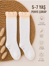 Resim Kinlee 5-7 Yaş Kız Çocuk Diz Altı Penye Çorap - Pamuklu Yumuşak Uzun Soket Çorap 
