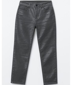Resim Kadın Yüksek Bel Parlak Mum Kumaş Wide Leg Jean Pantolon Füme 