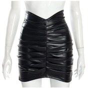 Resim Şık Çanta Kalça Etek Mizaç Düz Renk Pileli Pu Kadın Etek Yakışıklı İnce Yüksek Bel A Kesim Etek Siyah 