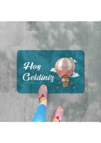 Resim Dijital Baskılı Kapı Önü Paspas Hoşgeldiniz Yazılı Çiçek Desenıç Ve Dış Kapı Paspası Yıkanabilir Açık Gri 