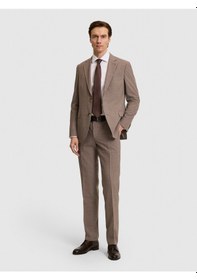 Resim Cacharel Açık Kahverengi Slim Fit Yün Keten Karışımlı Mikro Desen Mono Yaka Takım Elbise 