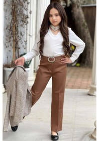 Resim Riccotarz Kız Çocuk Yakası Açık Ve Taş Detaylı Bluz Ekose Çizgi Blazer Ceket Kemerli Taba Alt Üst Takım Taba 