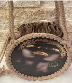 Resim Özel Tasarım Etnik Desenli Bohem Mdf Askılı Çanta Büzgülü Torba Içli 23x23cm Pudra 