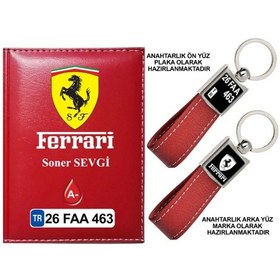 Resim Plakanıza Özel Ferrari Logolu Kırmızı Ruhsat Kabı Ve Anahtarlık 