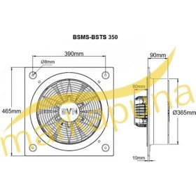Resim Bahçıvan 46.5x46.5 cm BSMS 350 1460 D/D 220/230 volt Monofaze Kare Sanayi Aspiratörü 