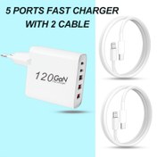 Resim USB C Duvar Şarj Cihazı, 2 Kablolu, 5 Portlu Hızlı Şarj Bloğu PD Güç Adaptörü Çoklu Port Tip C Kutu Kiremit iPhone 16/15/14 Pro Max Plus, iPad, Samsung Galaxy için 